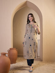 Women Floral Printed Regular Thread Work Chanderi Cotton Kurta with Trousers & With Dupatta