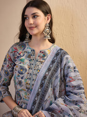 Women Floral Printed Regular Thread Work Chanderi Cotton Top with Trousers & With Dupatta