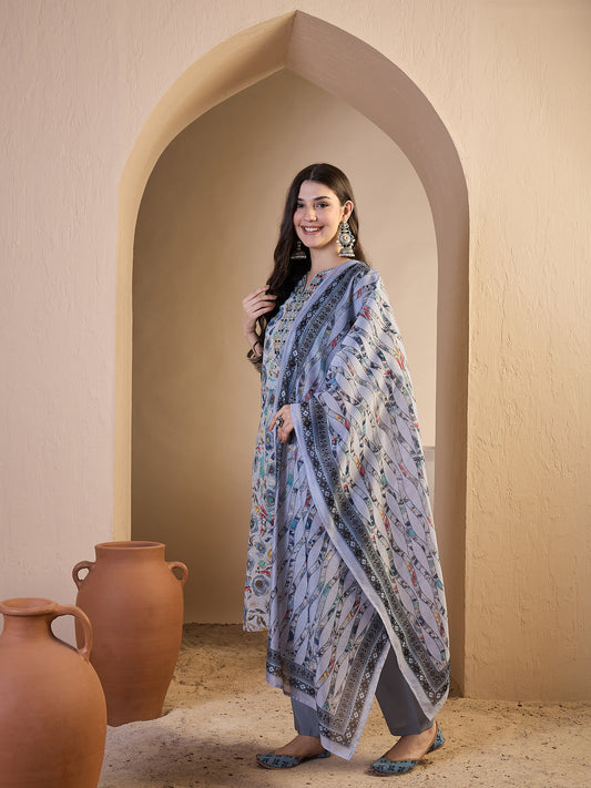 Women Floral Printed Regular Thread Work Chanderi Cotton Top with Trousers & With Dupatta