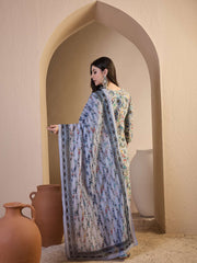 Women Floral Printed Regular Thread Work Chanderi Cotton Top with Trousers & With Dupatta