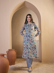 Women Floral Printed Regular Thread Work Chanderi Cotton Top with Trousers & With Dupatta