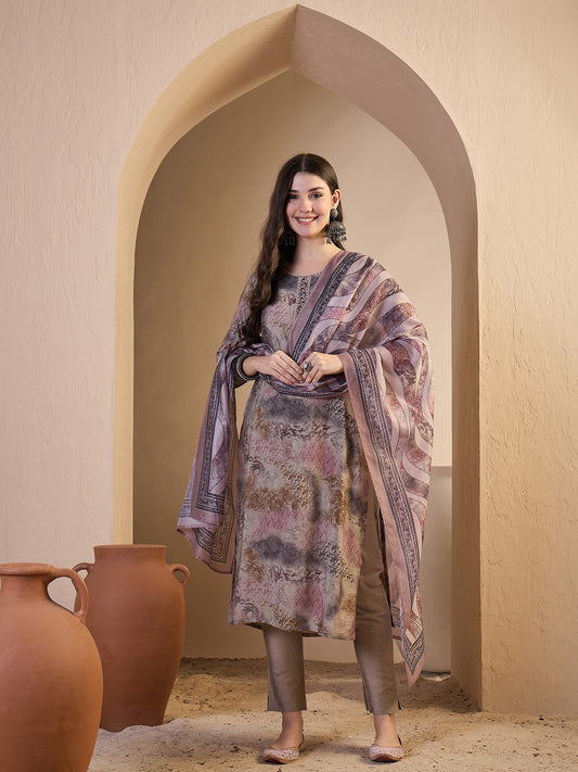 Women Printed Regular Thread Work Chanderi Cotton Top with Trousers & With Dupatta