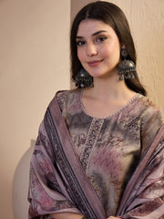 Women Printed Regular Thread Work Chanderi Cotton Top with Trousers & With Dupatta