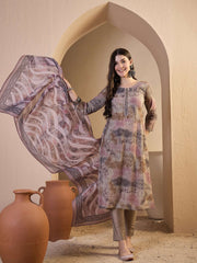 Women Abstract Printed and Hand Embroidered Kurta Set with Dupatta