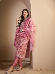 Women Floral Printed Regular Thread Work Chanderi Cotton Top with Trousers & With Dupatta