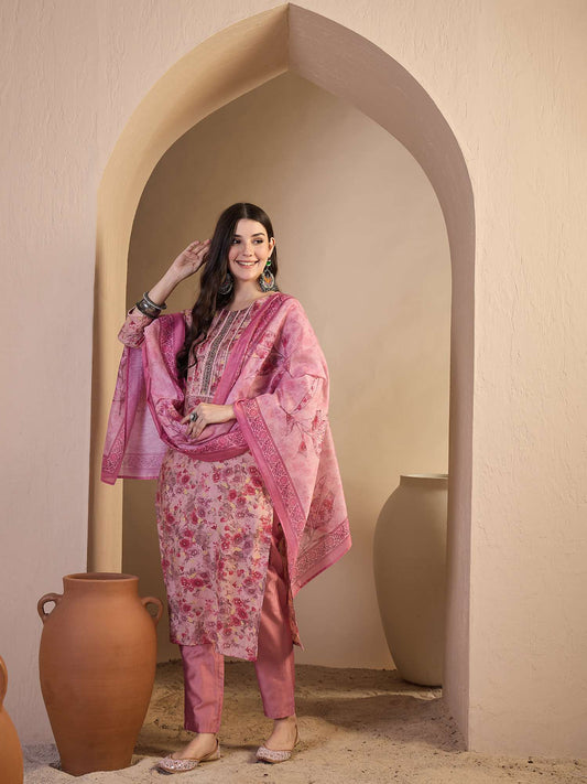 Women Floral Printed and Hand Embroidered Kurta Set with Dupatta