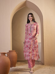 Women Floral Printed Regular Thread Work Chanderi Cotton Top with Trousers & With Dupatta