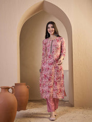 Women Floral Printed Regular Thread Work Chanderi Cotton Top with Trousers & With Dupatta