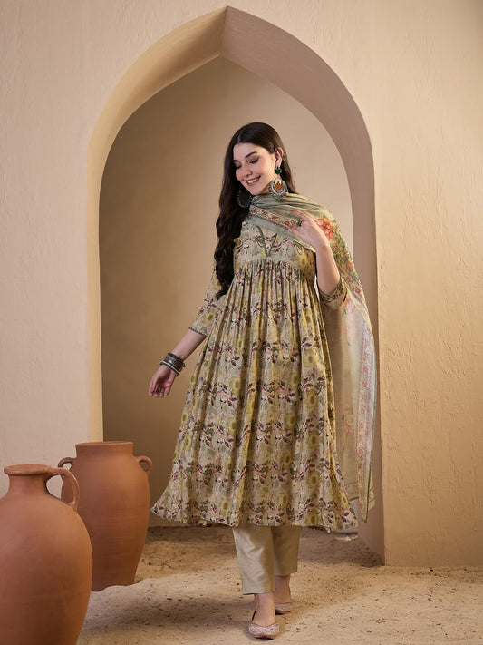 Women Floral Printed Pleated Gotta Patti Chanderi Cotton Top with Trousers & With Dupatta