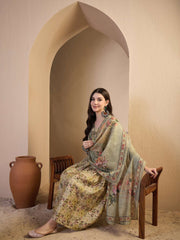 Women Floral Printed Pleated Chanderi Cotton Kurta with Trousers & With Dupatta