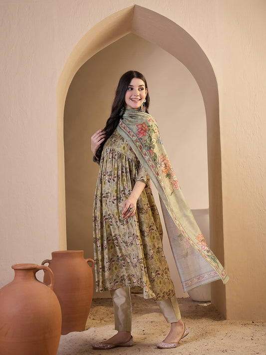 Women Floral Printed Pleated Chanderi Cotton Kurta with Trousers & With Dupatta