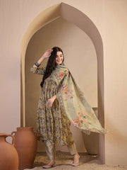 Women Floral Printed Pleated Chanderi Cotton Kurta with Trousers & With Dupatta