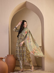 Women Floral Printed Pleated Chanderi Cotton Kurta with Trousers & With Dupatta