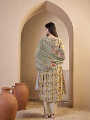 Women Floral Printed Pleated Chanderi Cotton Kurta with Trousers & With Dupatta