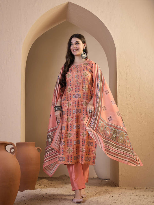 Women Ethnic Motifs Printed Regular Thread Work Chanderi Cotton Kurta with Trousers & Dupatta