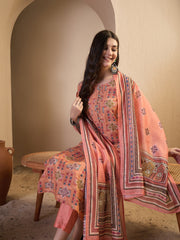 Women Ethnic Motifs Printed Regular Thread Work Chanderi Cotton Kurta with Trousers & Dupatta