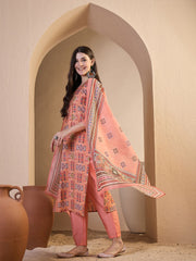 Women Ethnic Motifs Printed Regular Chanderi Cotton Kurta with Trousers & With Dupatta