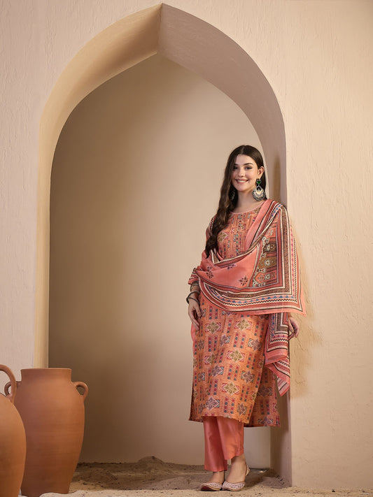 Women Ethnic Motifs Printed Regular Chanderi Cotton Kurta with Trousers & With Dupatta