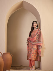 Women Ethnic Motifs Printed Regular Thread Work Chanderi Cotton Kurta with Trousers & Dupatta