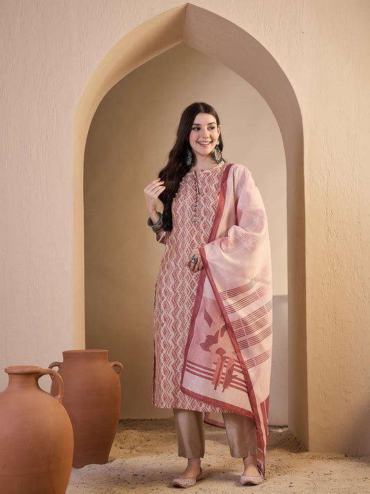 Women Printed Regular Chanderi Cotton Kurta with Trousers & With Dupatta