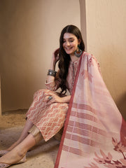 Women Printed Regular Thread Work Chanderi Cotton Kurta with Trousers & With Dupatta