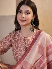 Women Printed Regular Thread Work Chanderi Cotton Kurta with Trousers & With Dupatta