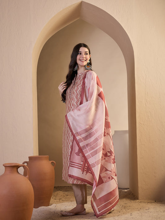 Women Printed Regular Thread Work Chanderi Cotton Kurta with Trousers & With Dupatta