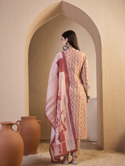Women Printed Regular Thread Work Chanderi Cotton Kurta with Trousers & With Dupatta
