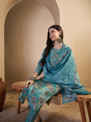 Women Floral Printed Regular Gotta Patti Chanderi Cotton Top with Trousers & With Dupatta