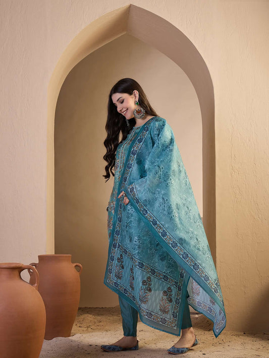Women Floral Printed Regular Gotta Patti Chanderi Cotton Top with Trousers & With Dupatta