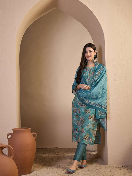 Women Floral Printed and Hand Embroidered Kurta Set with Dupatta