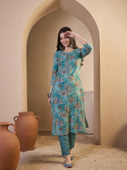 Women Floral Printed Regular Gotta Patti Chanderi Cotton Top with Trousers & With Dupatta