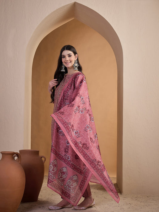 Women Floral Printed Regular Thread Work Chanderi Cotton Top with Trousers & With Dupatta