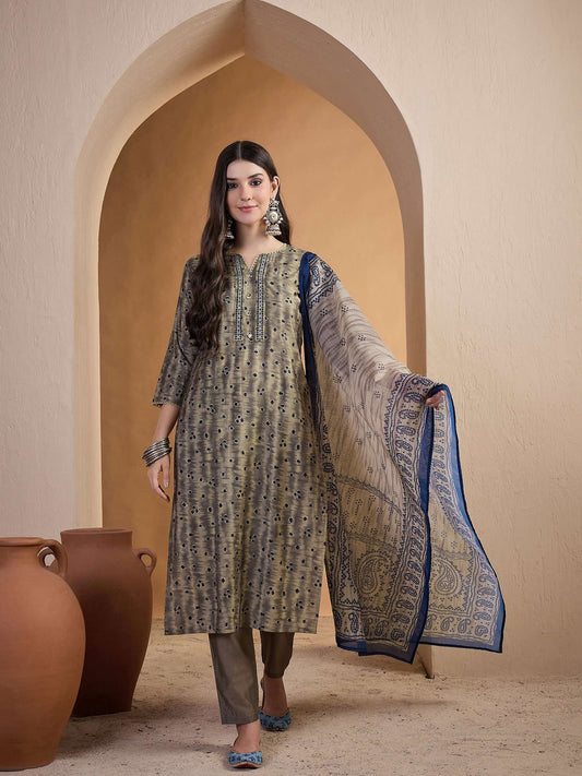 Ethnic Motifs Printed Thread Work Chanderi Cotton Kurta with Trousers & Dupatta