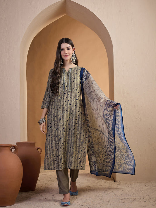 Women Ethnic Motifs Printed Regular Chanderi Cotton Kurta with Trousers & With Dupatta