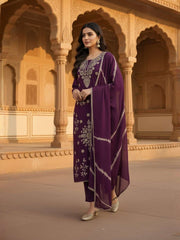 Women Ethnic Motifs Embroidered Regular Thread Work Chanderi Cotton Kurta with Trousers And Dupatta