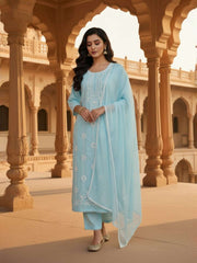Women Ethnic Motifs Embroidered Regular Thread Work Pure Cotton Kurta with Trousers & Dupatta