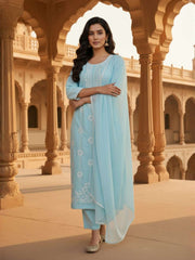 Women Ethnic Motifs Embroidered Regular Thread Work Pure Cotton Kurta with Trousers & Dupatta