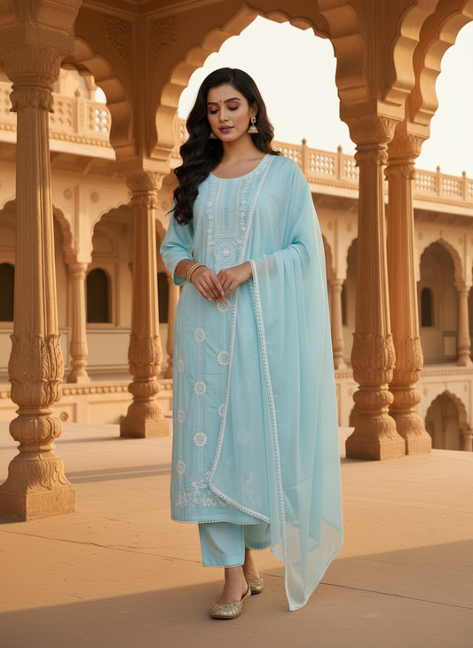 Women Ethnic Motifs Embroidered Regular Thread Work Pure Cotton Kurta with Trousers & With Dupatta