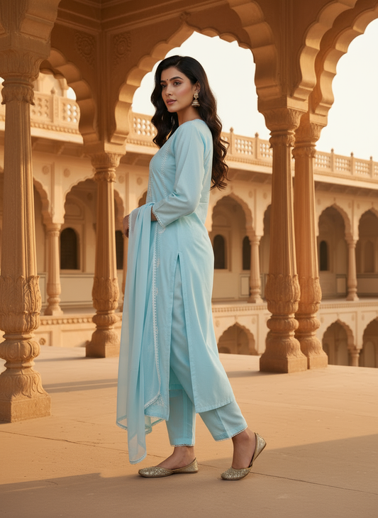 Women Ethnic Motifs Embroidered Regular Thread Work Pure Cotton Kurta with Trousers & With Dupatta