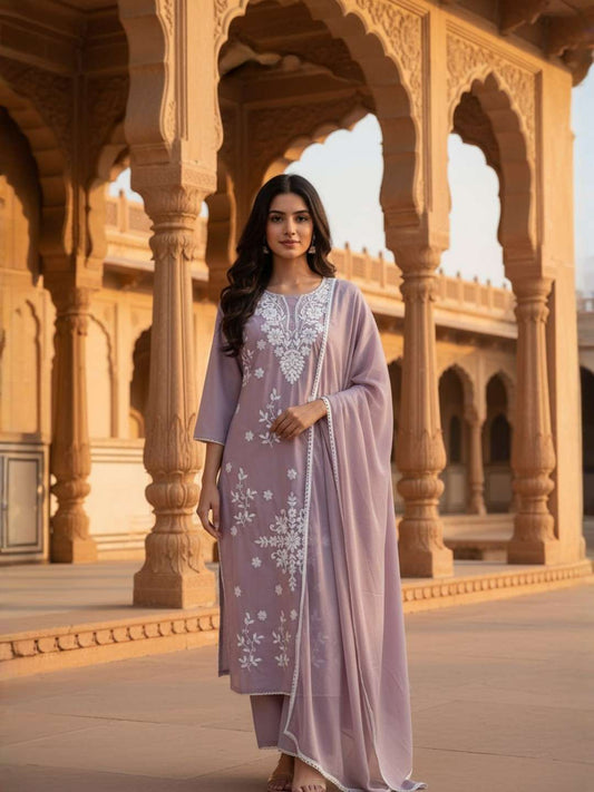 Women Ethnic Motifs Embroidered Regular Thread Work Pure Cotton Kurta with Trousers & Dupatta