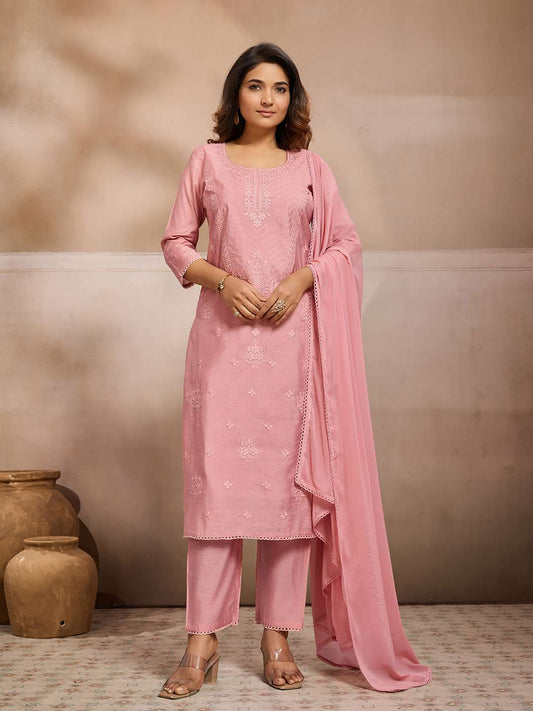 Women Floral Thread Embroidered Kurta Set with Dupatta