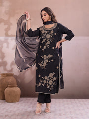 Women Ethnic Motifs Embroidered Regular Thread Work Chanderi Cotton Kurta with Trousers &