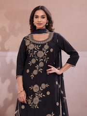 Women Ethnic Motifs Embroidered Regular Thread Work Chanderi Cotton Kurta with Trousers &