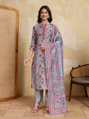 Women Floral Printed Regular Thread Work Chanderi Cotton Kurta with Trousers & With