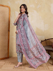 Women Floral Printed Regular Thread Work Chanderi Cotton Kurta with Trousers & With