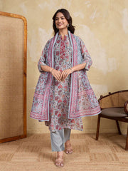 Women Floral Printed Regular Thread Work Chanderi Cotton Kurta with Trousers & With