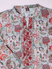 Women Floral Printed Regular Thread Work Chanderi Cotton Kurta with Trousers & With
