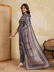 Women Floral Printed Regular Thread Work Chanderi Cotton Kurta with Trousers & With