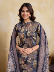 Women Floral Printed Regular Thread Work Chanderi Cotton Kurta with Trousers & With